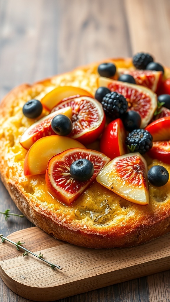 Fruit-Infused Focaccia Bread Recipe A golden focaccia bread topped with fresh fruits like figs and peaches, served on a wooden board.